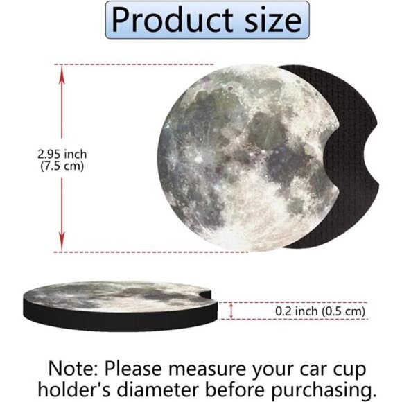 Moon Car Cup Coasters Space Image 2-Pack Cup Holder Anti Slip Rubber Vehicle - Picture 4 of 7